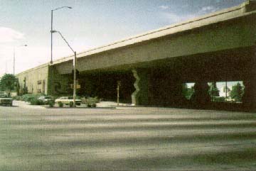 photo of Thomas Road Overpass, Phoenix, AZ showing piers designed and decorated with art forms from the Hohokam tribe