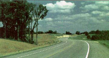 photo of a twolane rural highway with paved shoulder and sparse vegetation