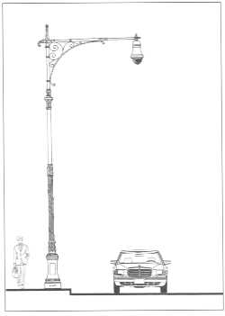 drawing: man next to ornate street light with a car in the roadway