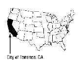 map: outline of the US with California in black and an arrow pointing out the location of Torrence.