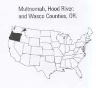 outline map of the US with Oregon in black and an arrow pointing to Multnomah, Hood River, and the Wasco Counties, Oregon area