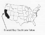 outline drawing of the US with California in black. Arrow points to Emerald Bay, South Lake Tahoe.