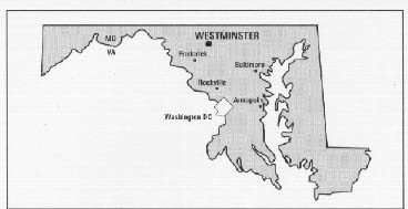 map of Maryland showing locations of Westminster, Frederick, Baltimore, Rockville, and Annapolis