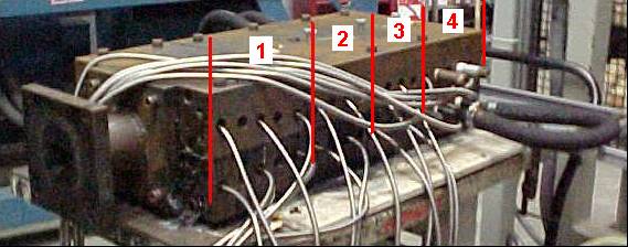 Figure 2.1.1-1 Extrusion Die with Heating Elements in Zones 1, 2, & 3 and Cooling Lines in Zone 4