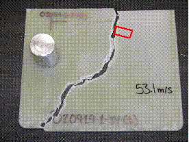 Figure 2.2.3.2-11 Sample 020919-1-34b impacted with a 100g (38.1mm diam.) Sabot at 53.1m/s