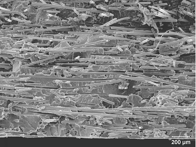 Figure 2.2.3.2-12 SEM normal to the fracture surface of Sample 020919-1-34b showing fiber pullout, matrix craxing and fiber fracture
