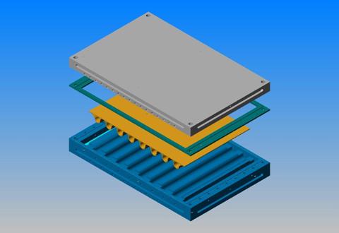 Figure 2.4-12 Exploded view of tooling including steel shim and part