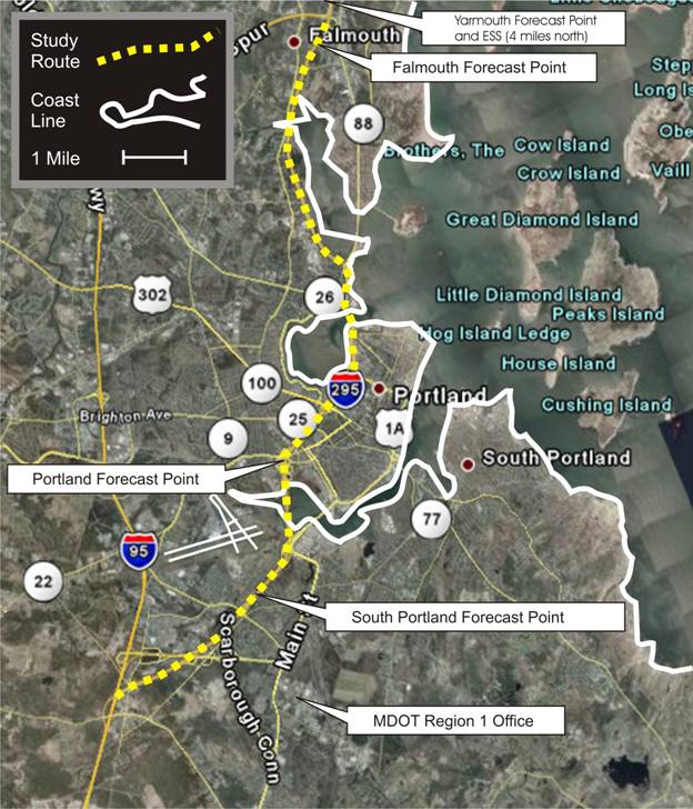 Figure 1. Map of the Portland area in southern Maine, showing the study route, four MDSS forecast point locations, the coast line and the MaineDOT Region 1 office location.