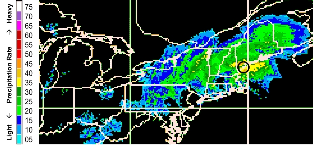 Figure 5. Radar image of an example storm event as described in the text.