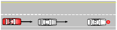 Step 1. Subject follows lead vehicle as normal. Reveal vehicle (R) is stopped ahead of lead.