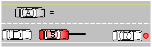 Step 1. Subject follows lead vehicle as normal, lead changes lanes well before stopped reveal vehicle, and adjacent vehicle blocks subject vehicle from changing lanes.