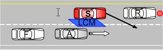 Triggering Event 1:As subject changes lanes to avoid reveal vehicle, adjacent vehicle accelerates into blind spot to trigger LCM.