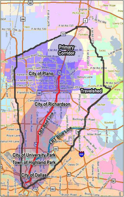 Map showing the primary corridor and its travelshed influence area.