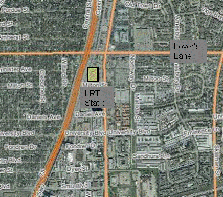 Map. The figure shows a map of central Dallas where the Dallas Area Rapid Transit (DART) Red Line and Lover's Lane intersect. A yellow box indicates the location of the incident on the DART Red Line south of Lover's Lane.