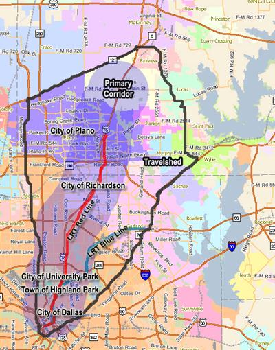 This figure shows the primary corridor and its travelshed influence area.