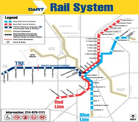 This figure shows the Dallas Area Rapid Transit (DART) light rail network map.
