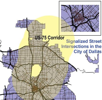 Map. The figure shows a map with the 1,300 traffic signals operated and maintained by the City of Dallas. A yellow shaded area indicates the traffic signals that are located within the US-75 Corridor.
