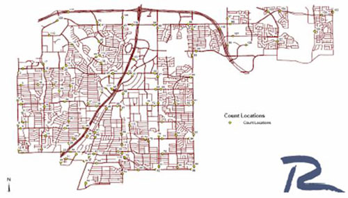 Map. The figure shows a map of the City of Richardson with the location of its 105 count stations.