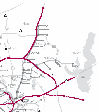 Map. The figure shows a map of the Dallas area highlighting the location of the Dallas Area Rapid Transit (DART) high occupancy vehicle (HOV) network in the US-75 Corridor. The following highways shown on the map have HOV lanes: US-75, northern portion of IH-635, IH-30, IH-35E, and IH-80.