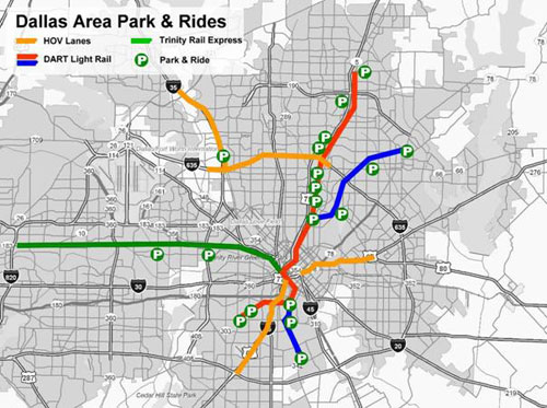 This figure shows a map of the Dallas area highlighting the location of the eight Dallas Area Rapid Transit (DART) park and ride lots operating within the integrated corridor management (ICM).