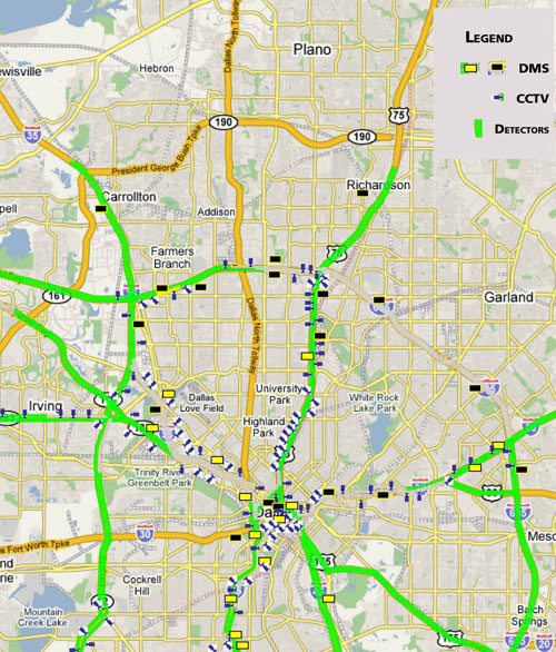 Map. The figure shows a map of the Dallas metropolitan area and the location of the Texas Department of Transportation (TxDOT) intelligent transportation system (ITS) asset locations. The highways covered by ITS are: IH-635, IH-30, US-80, US-175, IH-45, US-75, IH-35, SR-183, Loop 12, and SR-114.