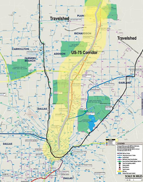 The figure shows a map of the Dallas Area Rapid Transit (DART) network as well as the area of influence (travelshed area) that integrated corridor management (ICM) has over the DART system.