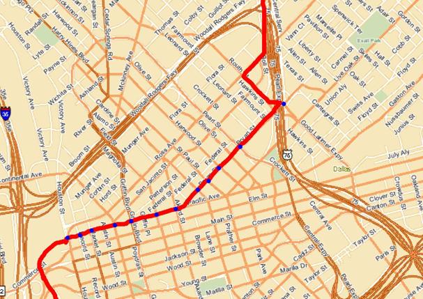 The figure shows a map of the Blue and Red rail lines in the Dallas downtown area operated by Dallas Area Rapid Transit (DART).