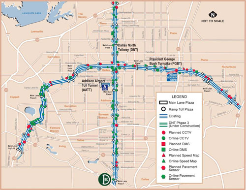 The figure shows a map of the President George Bush Turnpike (PGBT) and the Dallas North Tollway (DNT) operated by the North Texas Tollway Authority (NTTA).