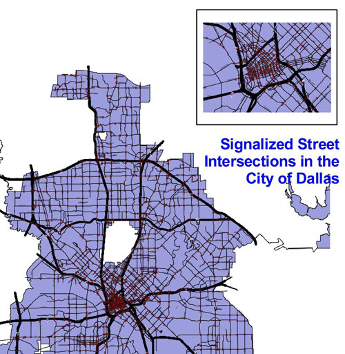 Map. The figure shows a map with the 1,300 traffic signals operated and maintained by the City of Dallas. A box to the right provides a close-up map showing the signalized intersections in the Dallas downtown area.