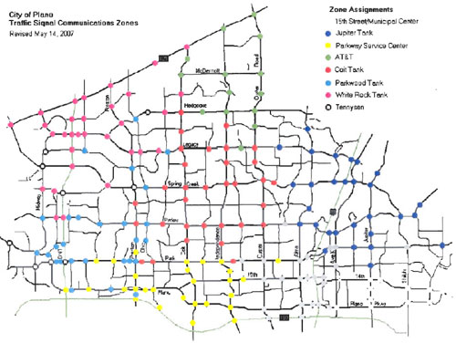 The figure shows a map of the City of Plano with the location of its 196 traffic signals.
