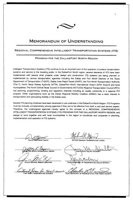 Scanned letter. The figure shows a one-page Memorandum of Understanding (MOU) signed by Dallas Area Rapid Transit, Council of Government Regional Transportation Council, Dallas-Fort Worth International Airport, North Texas Tollway Authority, Dallas Regional Mobility Coalition, Texas Department of Transportation (Dallas and Fort Worth Districts), and Fort Worth Transportation Authority.