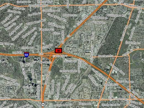 Map. The figure shows a map of north Dallas where US-75 and IH-635 LBJ Freeway intersect. A red box indicates the location of the incident on US-75 north of the LBJ Freeway.