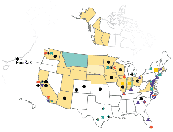 Image of U.S. map with different icon shapes indicating information (listed above image)