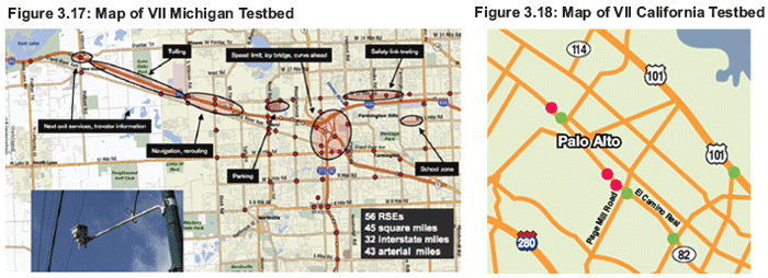 Figures 17 and 18: Figure 3.17 is a map of VII Michigan Testbed. Figure 3.18 is a map of VII California Testbed