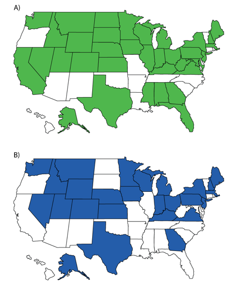 Figure 2: Map A = contacted, Map B = participating states