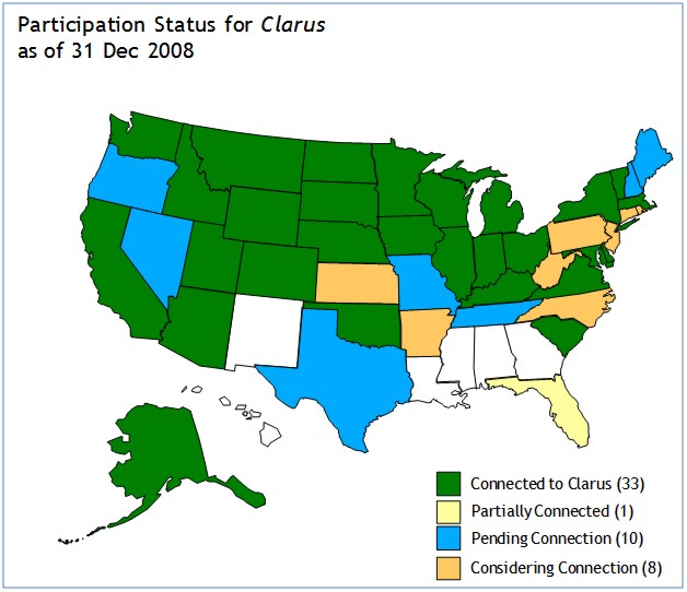 Figure 18. Map illustrating which states have agencies that are participating in the Clarus Program as of December 31, 2008. 33 agencies are connected to Clarus, 1 is partially connected, 10 are pending connection, and 8 are considering connection.