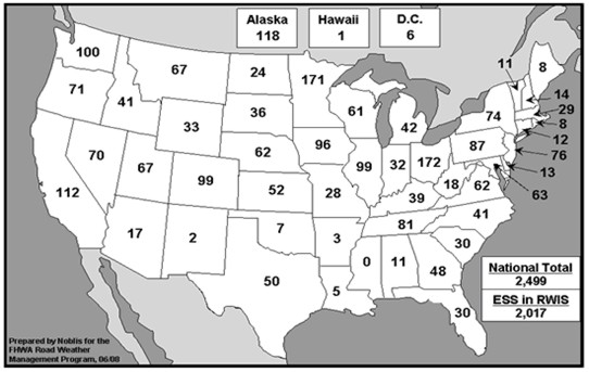 Figure 9. Map indicating the number of ESS deployments for each state in the United States for 2008.