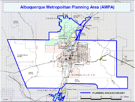 Graphic shows the entire boundary for the Albuquerque Metropolitan Planning Area (AMPA)