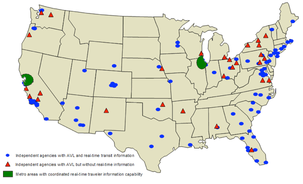 Map of the United States showing real-time system coverage