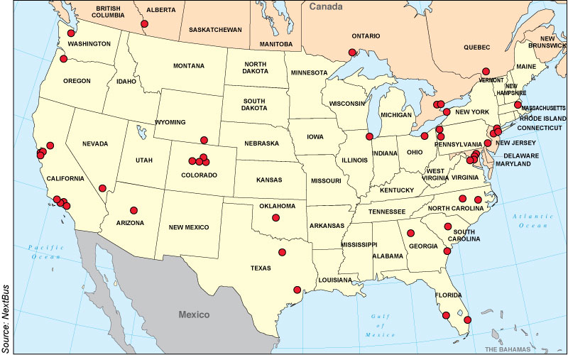 Map of United States and Canadian locations with Next Bus service.
