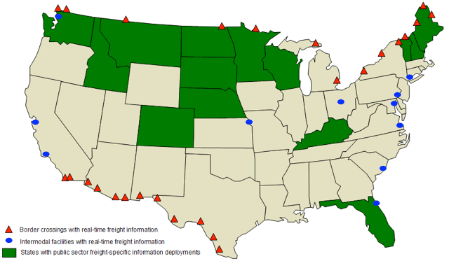 Map of United States showing border crossings with RTTI.