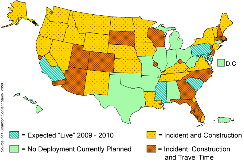 Map of the United States, Source: 511 Coalition Content Study, 2009.