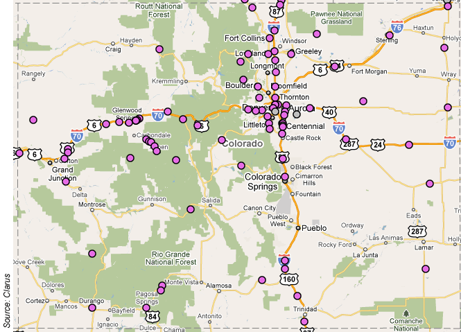 Map of Colorado showing RWIS sensor sites. Source is Clarus Systems.