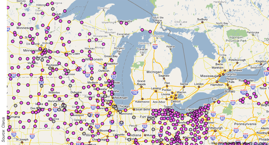 Map of RWIS sensor locations in several Midwestern states.