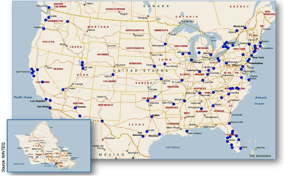 Map of the United States with CBSA Markets. Source is NAVTEQ.