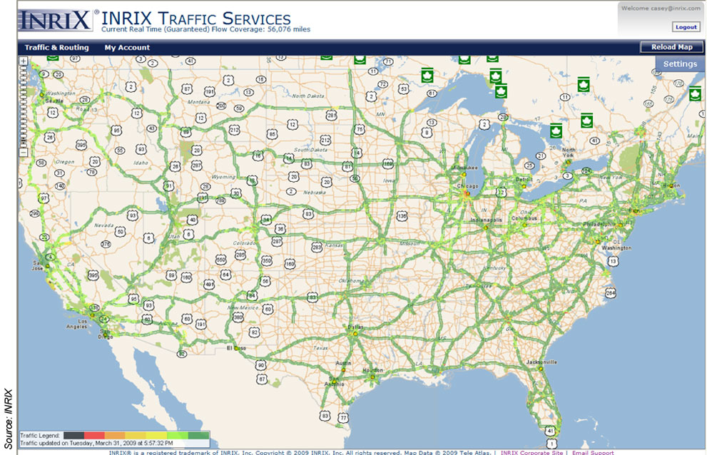 Map of the United States showing roadways covered by the INRIX system.