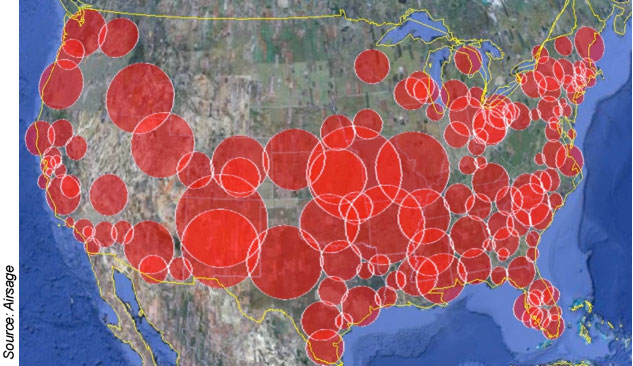 Map of the United States showing Airsage coverage. Source is Airsage.