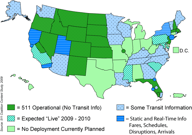 United States map of national coverage of 511 systems.