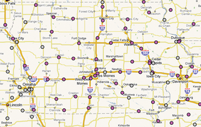 This graphic shows the location of environmental sensor stations in Iowa and those that are nearby in neighboring states.  The sensors are shown as red dots along interstates and other major roadways.  The DOT can use this map and click on one of the environmental sensor station dots to access the latest quality checked data at each location. 