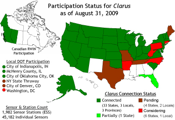 Graphic showing the number of states, provinces and agencies that are participating in the Clarus program as of August 31, 2009.  The graphic includes a map showing three Canadian provinces and a map of the U.S. that shows the 33 states that are participating in Clarus, the one state that is partially participating, the four states and two localities where participating in Clarus is pending, and six states and 1 locality that are considering participating in Clarus. 